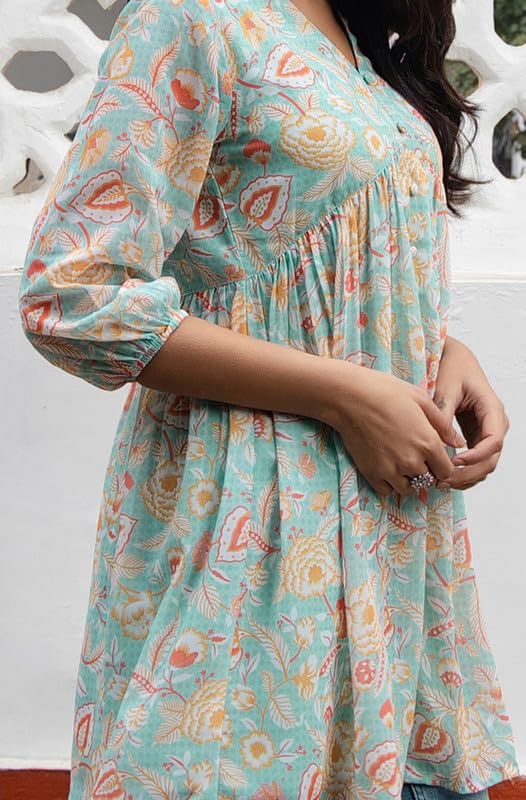 Janasya Women's Sea Blue Georgette Floral Gathered Tunic (JAA24TU00330-XXL) - Image 5