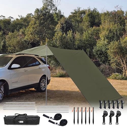 HipierFx 10x16 ft Car Side Awning with Pole Outdoor Camping Tent Tarp Waterproof Car Tent Canopy Shade Sun Shelter (Olive Green) - Image 1