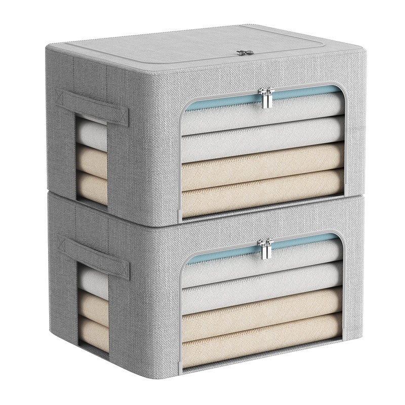 FHSQX 2 Pack Clothes Storage Bins Stackable Metal Frame Storage Box Foldable Linen Fabric Organizer with Carrying Handles and Clear Window Light Gray 157x 118x 78Inch