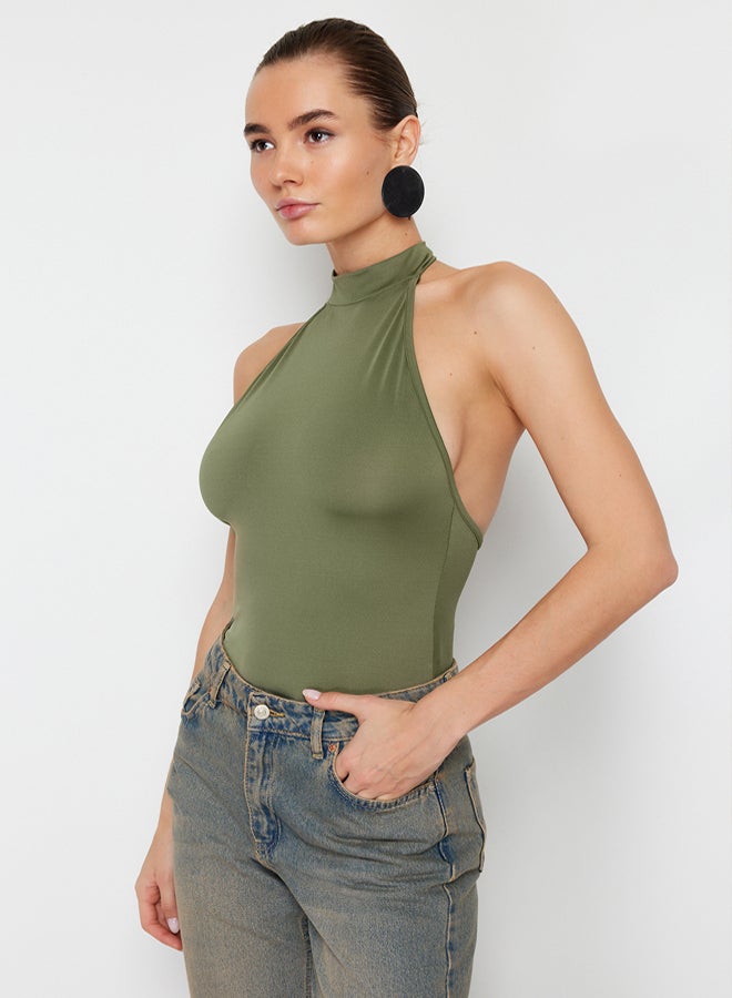 trendyol Light Khaki Stand Collar Backless Flexible Snap-On Knitted Bodysuit - Image 1