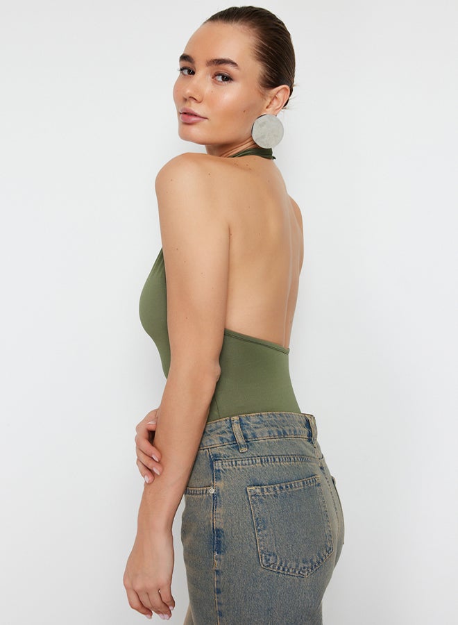 trendyol Light Khaki Stand Collar Backless Flexible Snap-On Knitted Bodysuit - Image 3