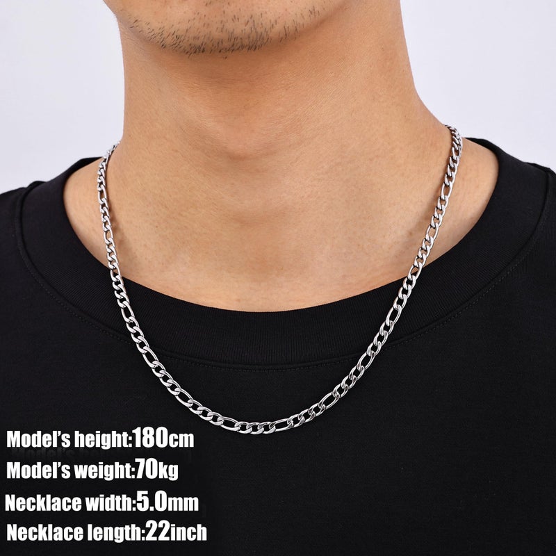 Fiusem Silver Tone Figaro Chain Necklace for Men, 5mm Stainless Steel Necklace Chain for Men Women 20 Inch - Image 2