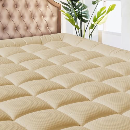MATBEBY California King Quilted Fitted Mattress Pad  Breathable Fluffy Cooling Deep Pocket Machine Washable Beige