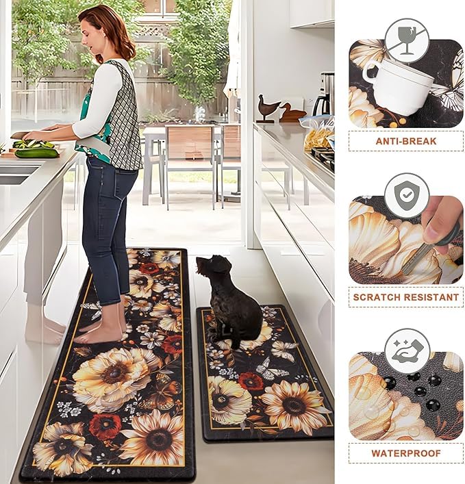 Clefairy Floral Kitchen Rugs Mats for Floor Bohemian Vintage Flower Kitchen Rug Anti Fatigue Non Slip Cushioned Comfort Standing Mat - Image 2