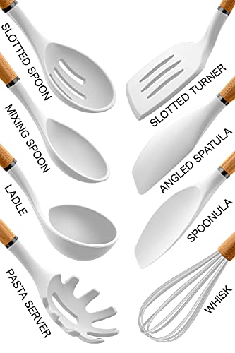 Country Kitchen طقم أدوات مطبخ غير لاصقة من السيليكون مع مقابض خشبية مدورة للطهي والخبز، 8 قطع، أبيض - Image 5
