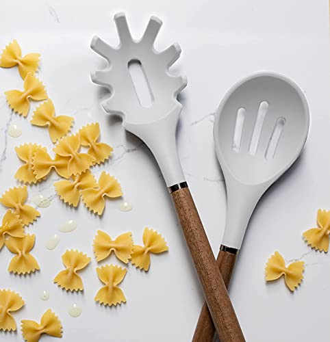 Country Kitchen طقم أدوات مطبخ غير لاصقة من السيليكون مع مقابض خشبية مدورة للطهي والخبز، 8 قطع، أبيض - Image 4