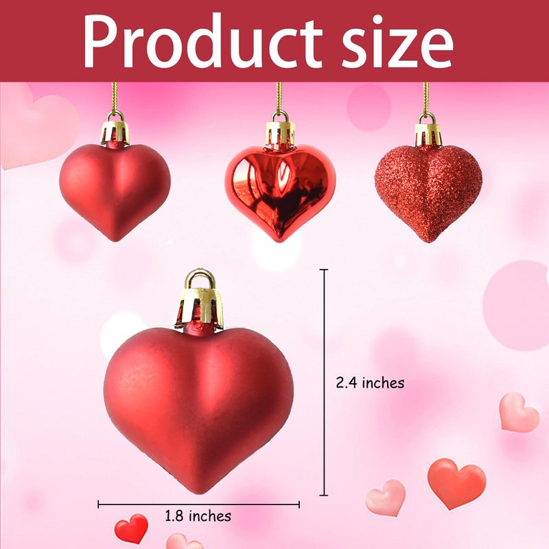 Tindobewan 24Pcs Heart Ornaments Multi Finish Heart Baubles Hanging Ornaments for Valentineâ€™s Day Decor Mother's Day Christmas Tree Wedding Anniversary Party Decoration(Red) - Image 2