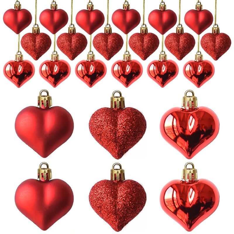 Tindobewan 24Pcs Heart Ornaments Multi Finish Heart Baubles Hanging Ornaments for Valentineâ€™s Day Decor Mother's Day Christmas Tree Wedding Anniversary Party Decoration(Red) - Image 1