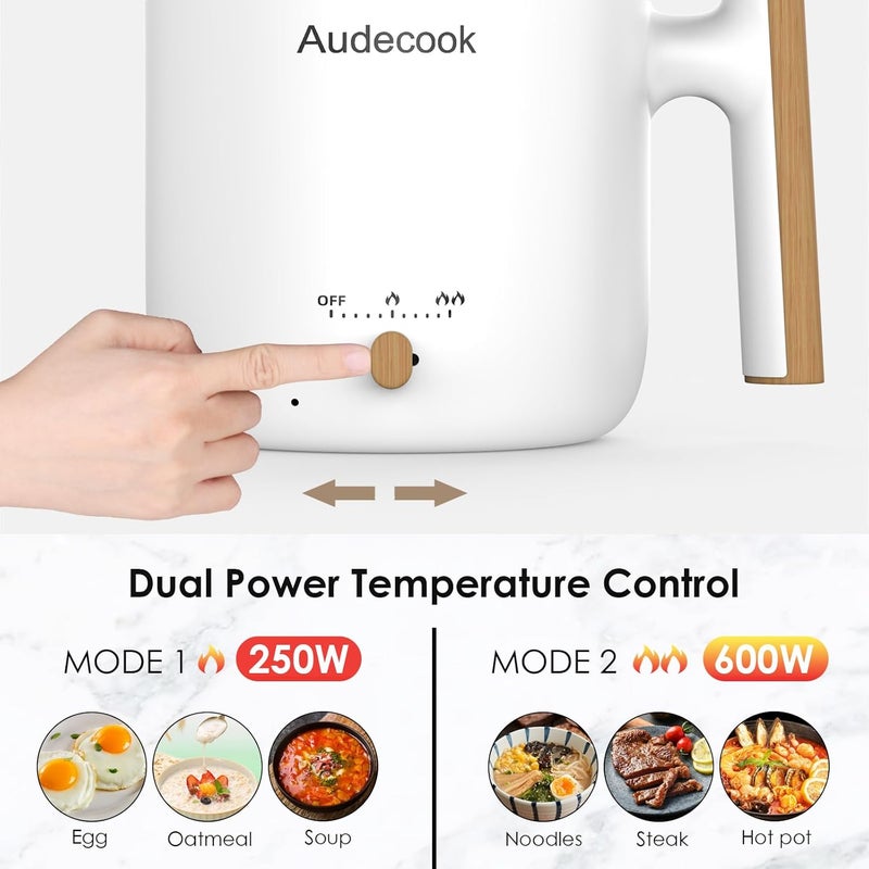 Audecook قدر كهربائي أوديكوك مع مبخرة، سعة 1.8 لتر، محمول، صغير للسفر، مقلاة كهربائية متعددة الوظائف غير لاصقة للقلي/الطبخ/البخار، مثالية لنودلز الرامن/المعكرونة/البيض/الحساء/الشوفان (أبيض) - Image 3