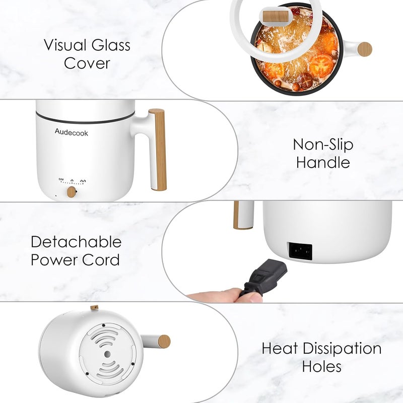 Audecook قدر كهربائي أوديكوك مع مبخرة، سعة 1.8 لتر، محمول، صغير للسفر، مقلاة كهربائية متعددة الوظائف غير لاصقة للقلي/الطبخ/البخار، مثالية لنودلز الرامن/المعكرونة/البيض/الحساء/الشوفان (أبيض) - Image 5