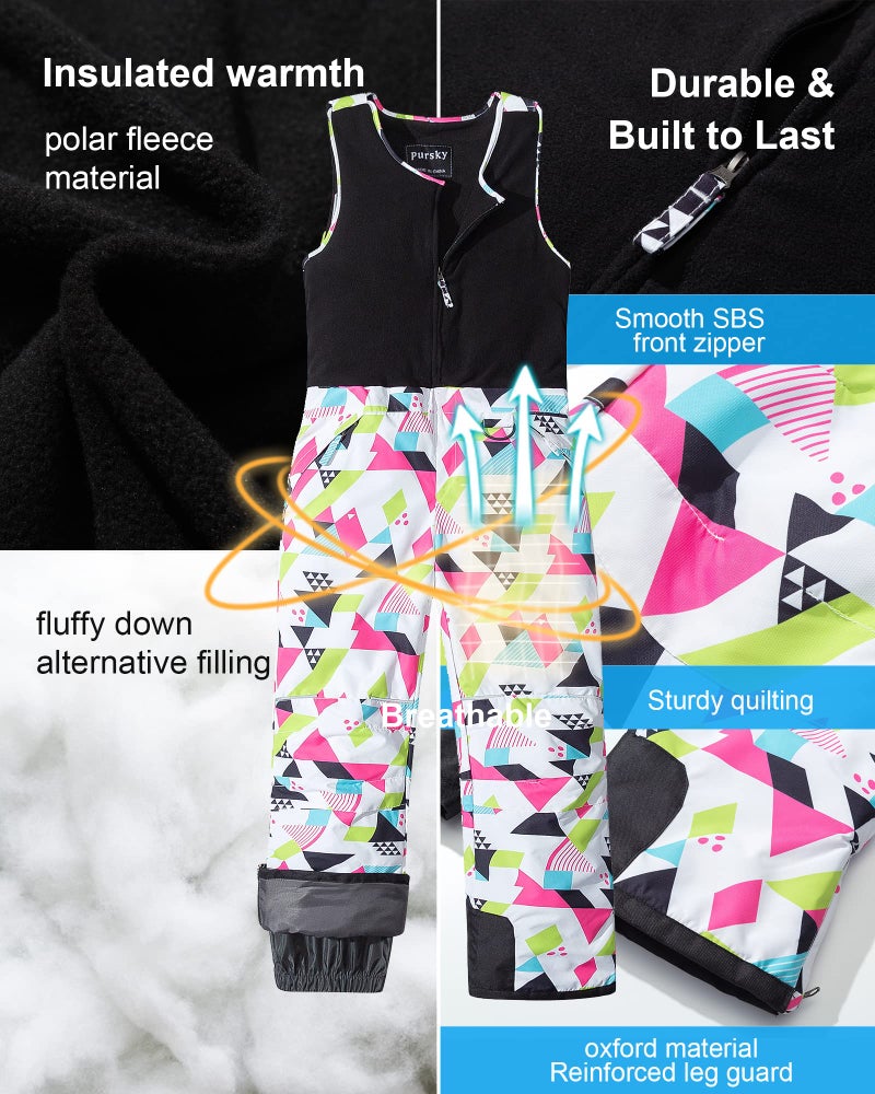 Pursky Kids Insulated Snow Bib Unisex Waterproof Snow Overalls for Boys Youth Teen Ski Pants Snow Pants Girls Snowpants Husky Ski Bibs Geometry 14/16 - Image 2