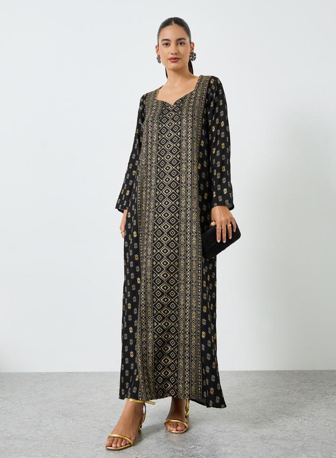 Amirah Black Foil Printed A-Line Jalabiya - Image 1