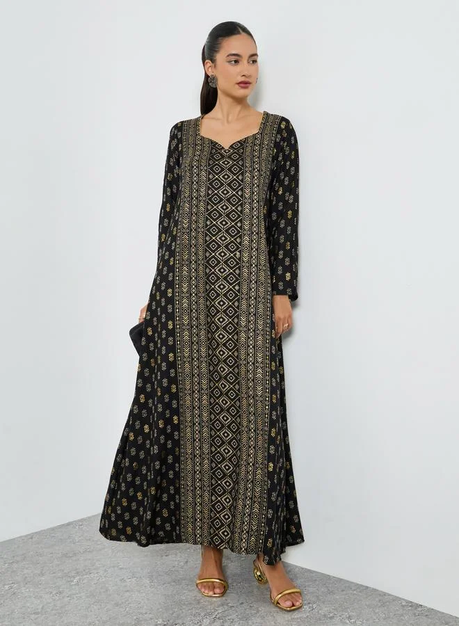 Amirah  Black Foil Printed A-Line Jalabiya for Women | Best Price UAE