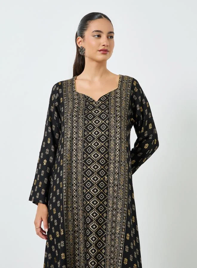 Amirah Black Foil Printed A-Line Jalabiya