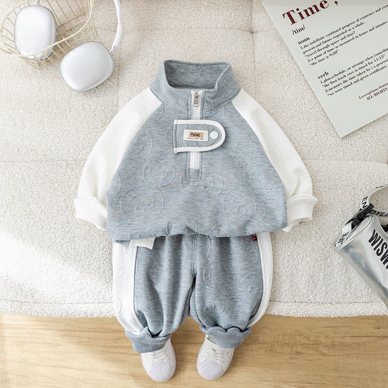 Boys Spring Autumn Outfit Cool Sweater Set Kids 2024 Two-piece smiley face half-zip gray 