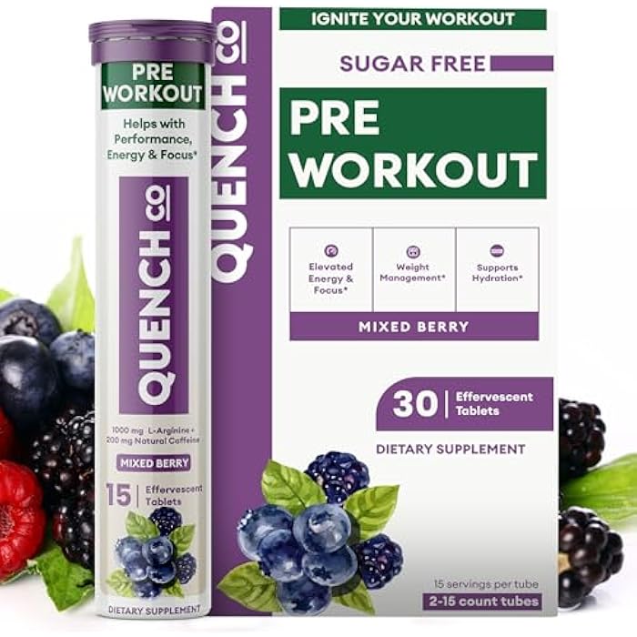 Quench Pre Workout for Men & Women Effervescent Tablets - Boosts Energy & Focus with L-Arginine, Natural Caffeine - Supports Weight Management & Hydration - Vegan, Keto, Soy-Free 30 Count - Image 1