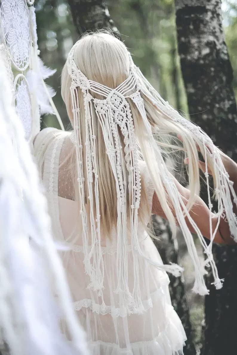 kiido Wedding Veil Bride Headpiece Boho headband Handmade Macrame Bohemian Bridal Tiara Headdress-39 inches - Image 4