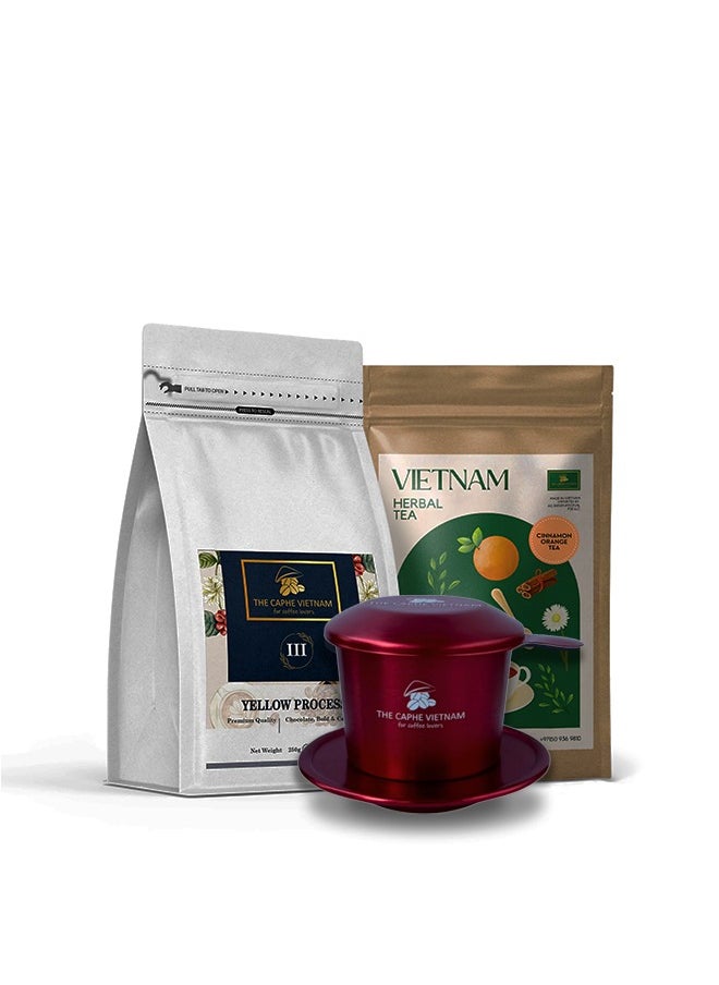 The Caphe Vietnam Combo Gift Set - Premium Quality Yellow Process Whole Bean 250g + Cinnamon Orange + Vietnamese Phin Filter (Red)  - Image 1