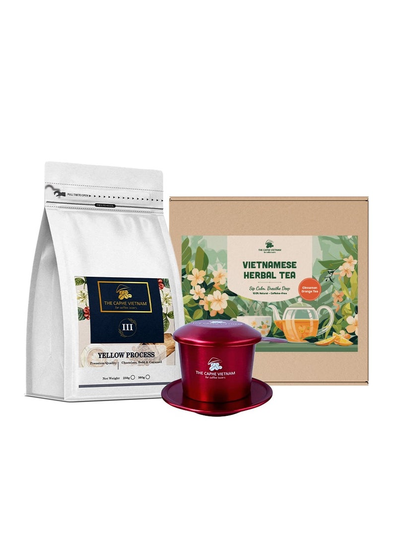 The Caphe Vietnam Combo Gift Set - Premium Quality Yellow Process Whole Bean 250g + Cinnamon Orange + Vietnamese Phin Filter (Red) - Image 1