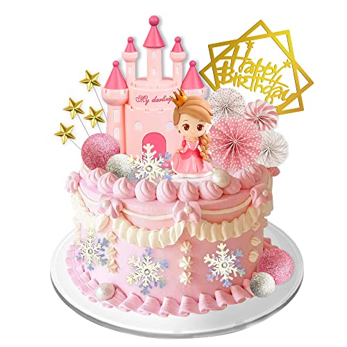 DRWATE 19 PCS Princess Cake Topper Castle Cake Decoration with Snowflake and Stars for Princess Birthday Supplies Pink - Image 1