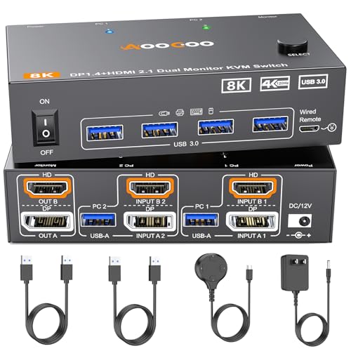 AOOCOO HDMI DP2.1 KVM Switch 2 Monitors 2 Computers, 8K@60Hz/4K@144Hz KVM Switch for 2 PC Sharing 2 Monitors, Keyboard, Mouse, with 2 USB3.0 Cables, Wired Controller and Power Adapter - Image 1