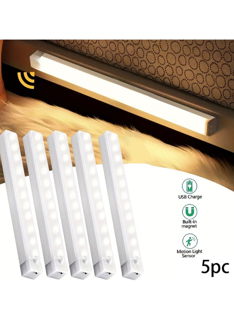 ارواق طقم 5 مصابيح LED بحساس حركة لخزائن، إضاءة لاسلكية قابلة لإعادة الشحن عبر USB، إضاءة ليلية مغناطيسية لاصقة بجهد 5V للممرات، المطبخ، الدرج، والخزائن لتزيين المنزل (20 سم، ضوء دافئ) - Image 1