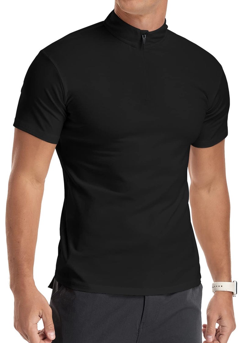 YTD Men's Short Sleeve Polo Shirts Quarter-Zip Casual Slim Fit Mock Neck Basic Designed Cotton Shirts XL Black - Image 5