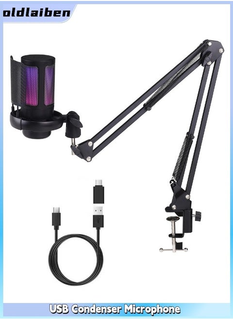 USB Condenser Microphone, Gaming PC USB Microphone, with Boom Arm,Pop Filter,Mute Button for Streaming,Online Chat, For for PC, PS4, PS5, Gamer Youtuber（Black）