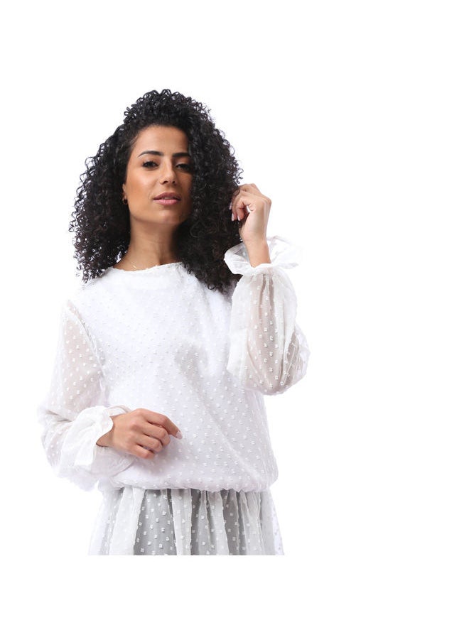 Andora - Self-patterned Blouse & Solid Top Set - White - Image 1