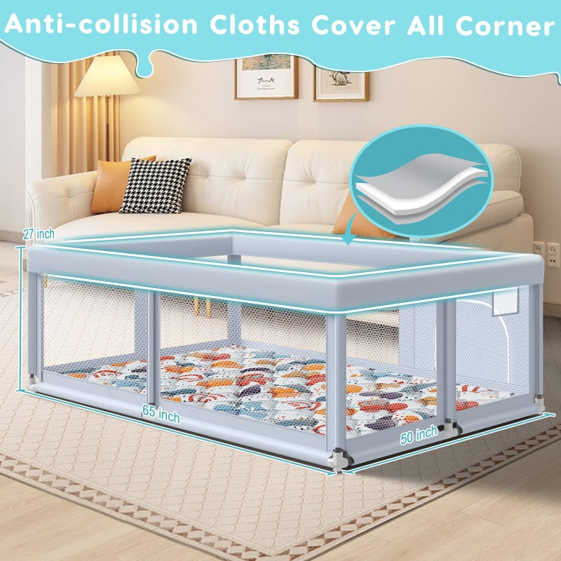 Fshibila 65" Ã—50" Large Baby Playpen with Mat, Baby Playard for Babies and Toddlers, Play Pens for Indoor & Outdoor, Sturdy Safety Play Yard with Soft Breathable Mesh, Anti-Fall, Grey - Image 3