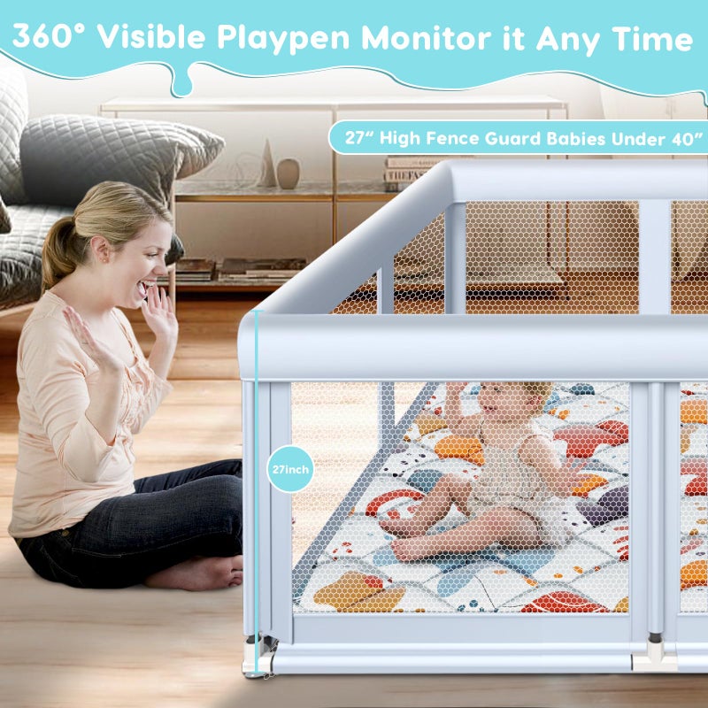 Fshibila 65" Ã—50" Large Baby Playpen with Mat, Baby Playard for Babies and Toddlers, Play Pens for Indoor & Outdoor, Sturdy Safety Play Yard with Soft Breathable Mesh, Anti-Fall, Grey - Image 4