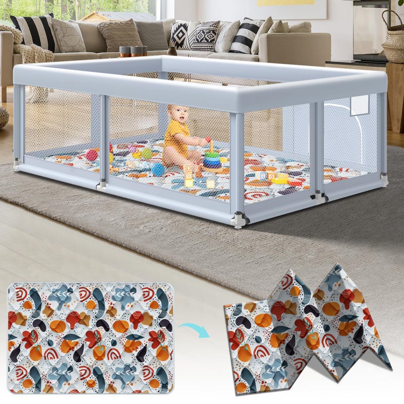 Fshibila 65" Ã—50" Large Baby Playpen with Mat, Baby Playard for Babies and Toddlers, Play Pens for Indoor & Outdoor, Sturdy Safety Play Yard with Soft Breathable Mesh, Anti-Fall, Grey - Image 1