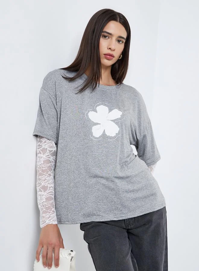 Styli Styli Graphic Print Lace Sleeve Oversized T-Shirt