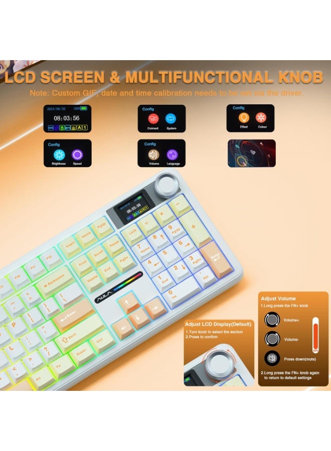 AULA F108 PRO - لوحة مفاتيح ميكانيكية لاسلكية مع شاشة ومقبض، لوحة مفاتيح كاملة الحجم مع بطارية 8000mAh، مفاتيح فراولة نعناع مسبقة التشحيم، مفاتيح PBT مطبوعة من الجانبين، لوحات مفاتيح ألعاب مخصصة قابلة للتبديل مع إضاءة RGB - Image 3