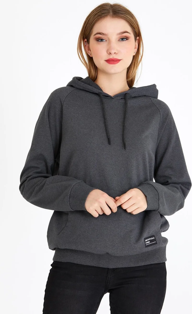 ميتاليك Women's Anthracite Hooded Basic Knitted Sweatshirt