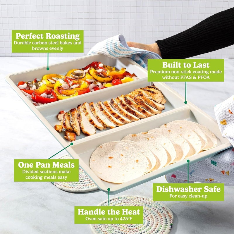 Tasty Smart Solutions Bakeware, 17-Inch x 11-Inch 3-Section Roasting Pan, Durable Carbon Steel for Even Cooking, Premium Nonstick Coating, Divided Design for One-Pan Meals, Dishwasher Safe, Aqua - Image 3