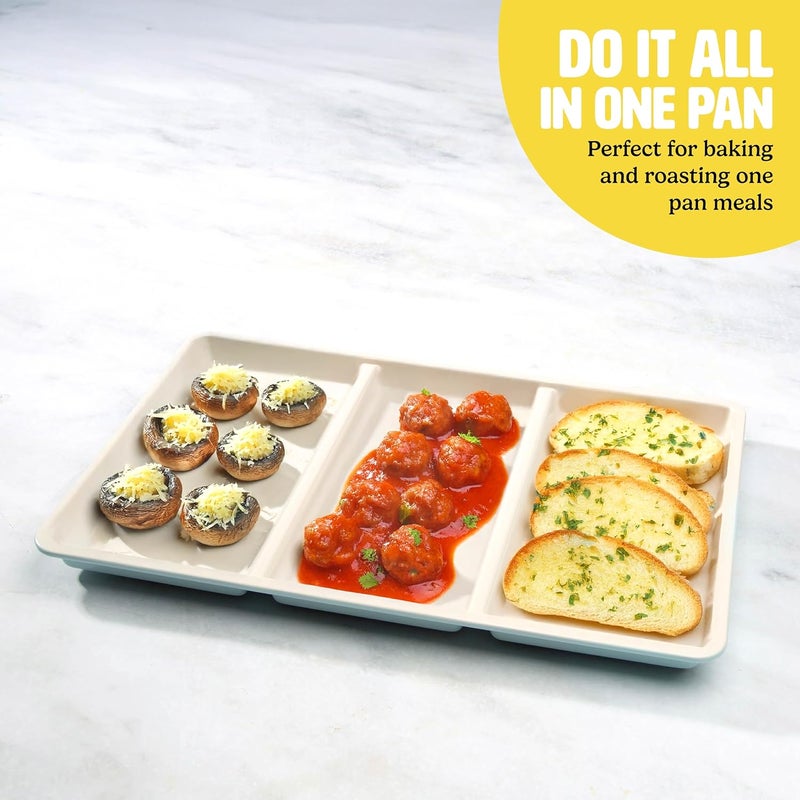 Tasty Smart Solutions Bakeware, 17-Inch x 11-Inch 3-Section Roasting Pan, Durable Carbon Steel for Even Cooking, Premium Nonstick Coating, Divided Design for One-Pan Meals, Dishwasher Safe, Aqua - Image 4