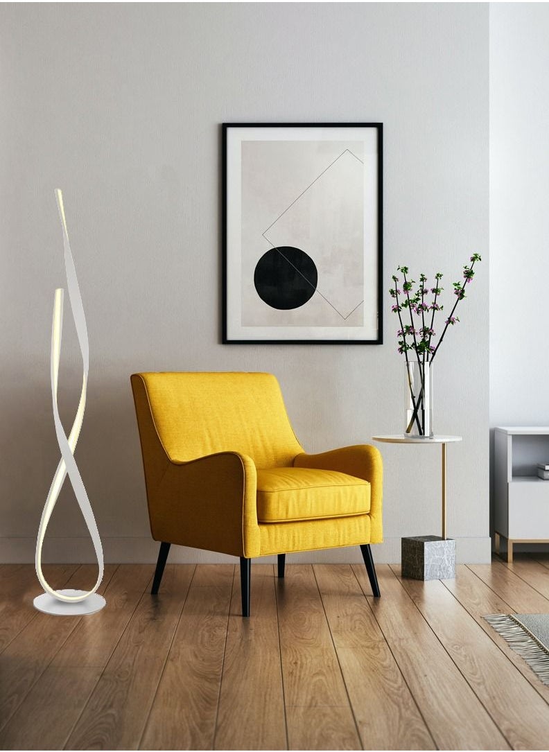 Modern Floor Lamp, Twisted Shape, 29 Watt and 1,740 Lumen, 24 volt integrated Driver, WarmWhite ( 3000 Kelvin), Ribbon Floor Lamp, White Finish, Height 140 cm and base Diameter 24,5 cm