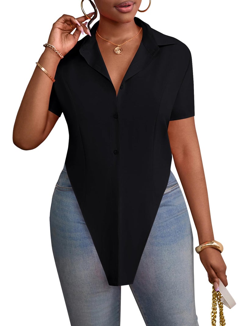 LYANER Women's Collar V Neck Button Front Short Sleeve Slit Hem Long Shirt Blouse Top Solid Black Medium - Image 3