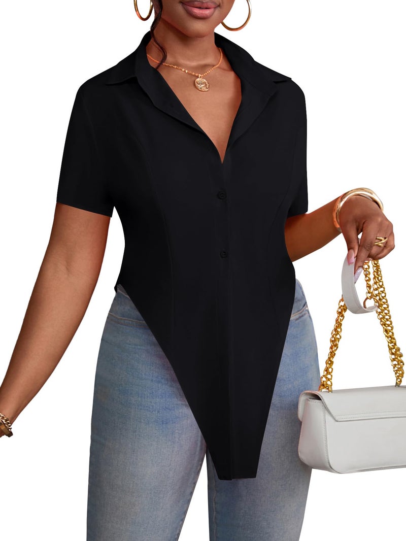 LYANER Women's Collar V Neck Button Front Short Sleeve Slit Hem Long Shirt Blouse Top Solid Black Medium - Image 5