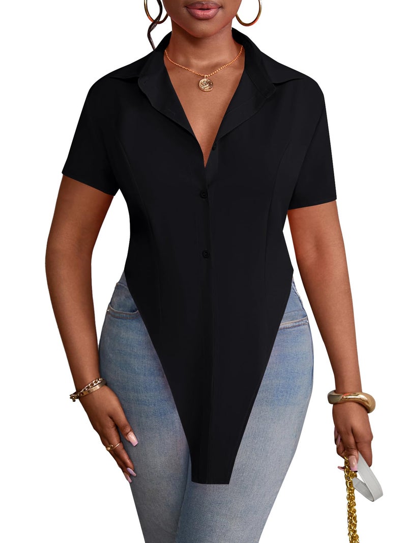 LYANER Women's Collar V Neck Button Front Short Sleeve Slit Hem Long Shirt Blouse Top Solid Black Medium - Image 4