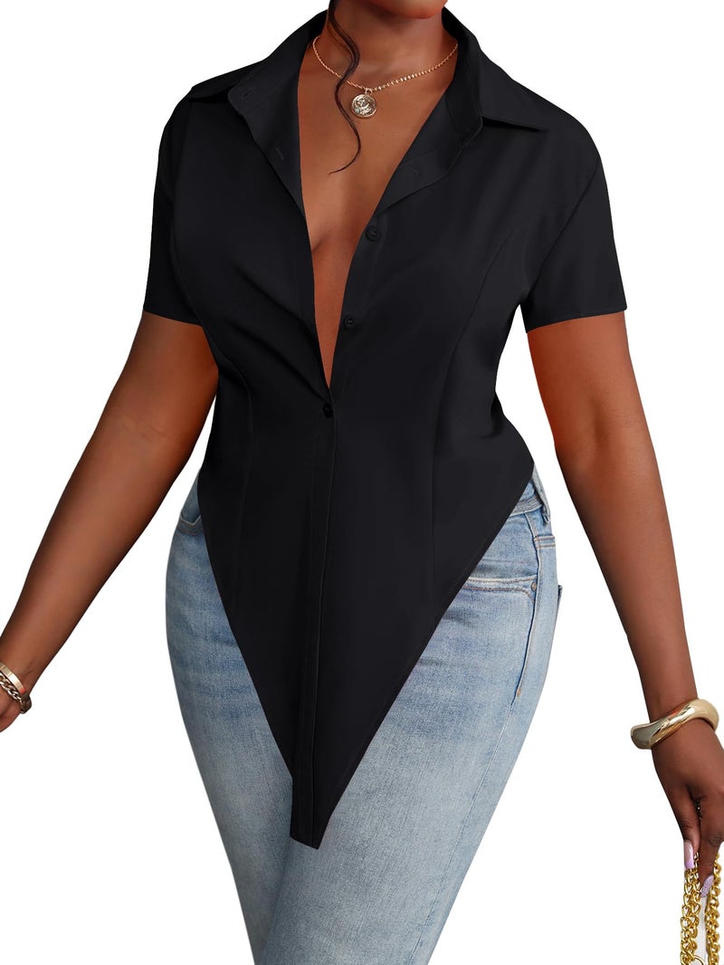 LYANER Women's Collar V Neck Button Front Short Sleeve Slit Hem Long Shirt Blouse Top Solid Black Medium - Image 1