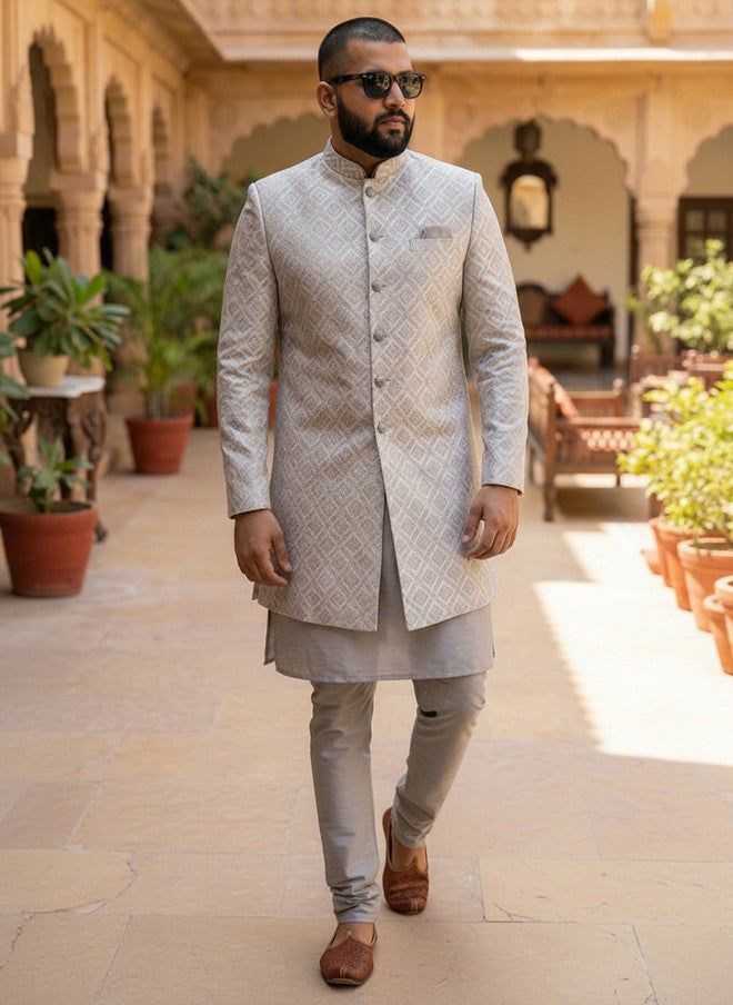 KISAH Grey Self-Design Sherwani Set for Weddings - Image 1