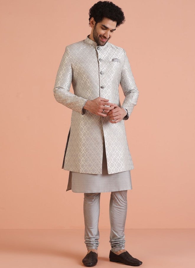 KISAH Grey Self-Design Sherwani Set for Weddings - Image 2