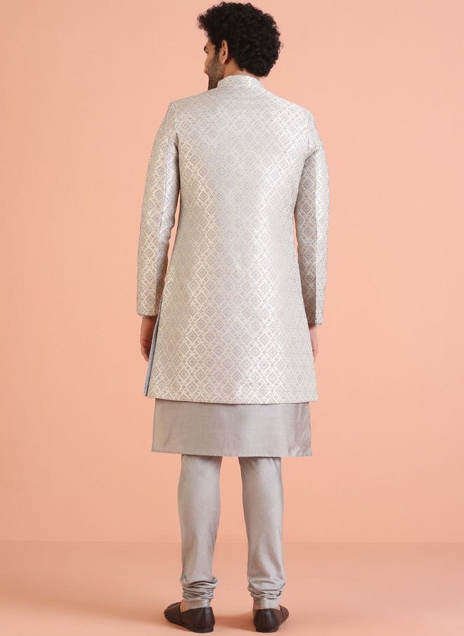 KISAH Grey Self-Design Sherwani Set for Weddings - Image 5