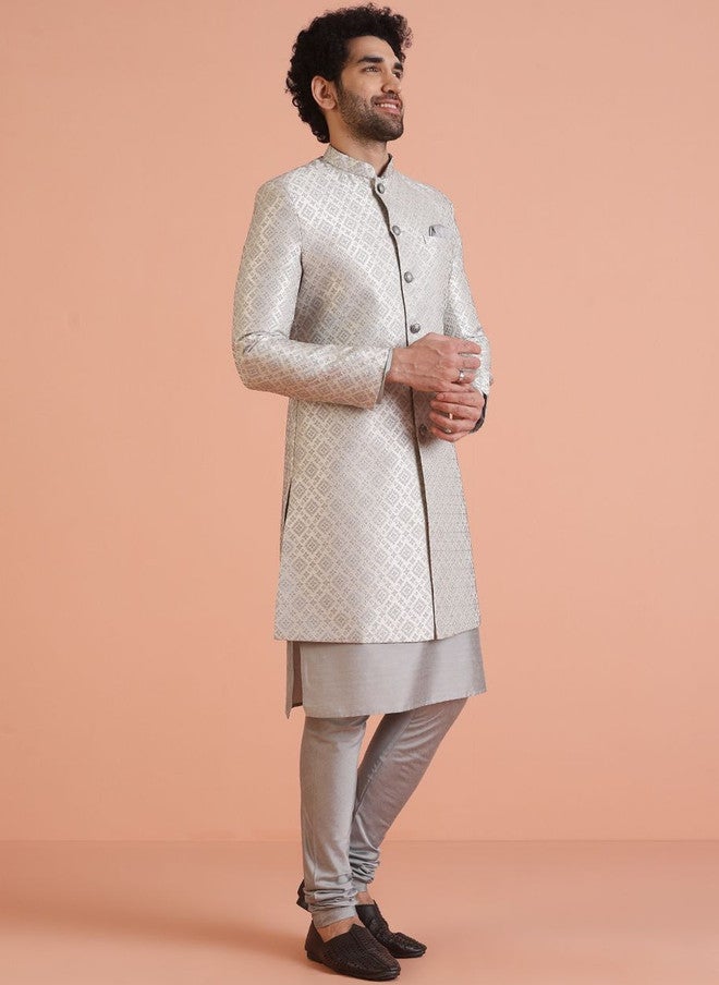 KISAH Grey Self-Design Sherwani Set for Weddings - Image 4