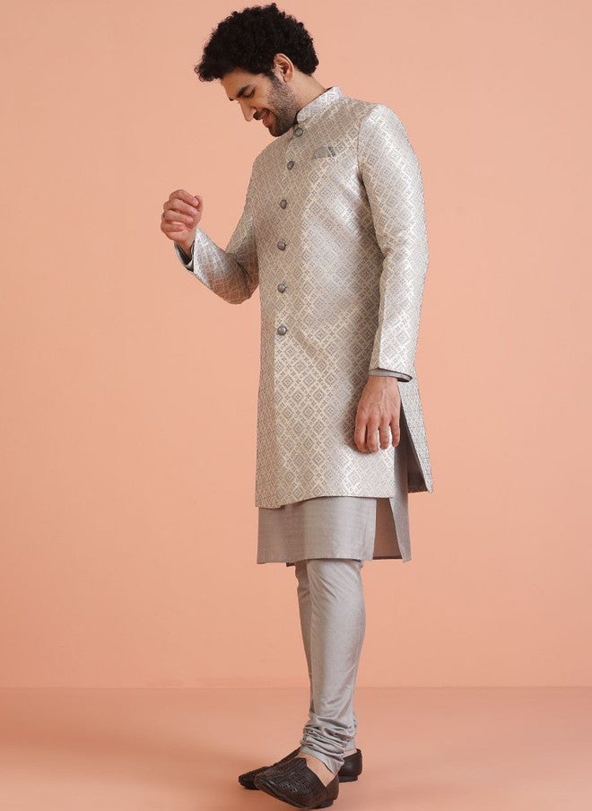 KISAH Grey Self-Design Sherwani Set for Weddings - Image 3