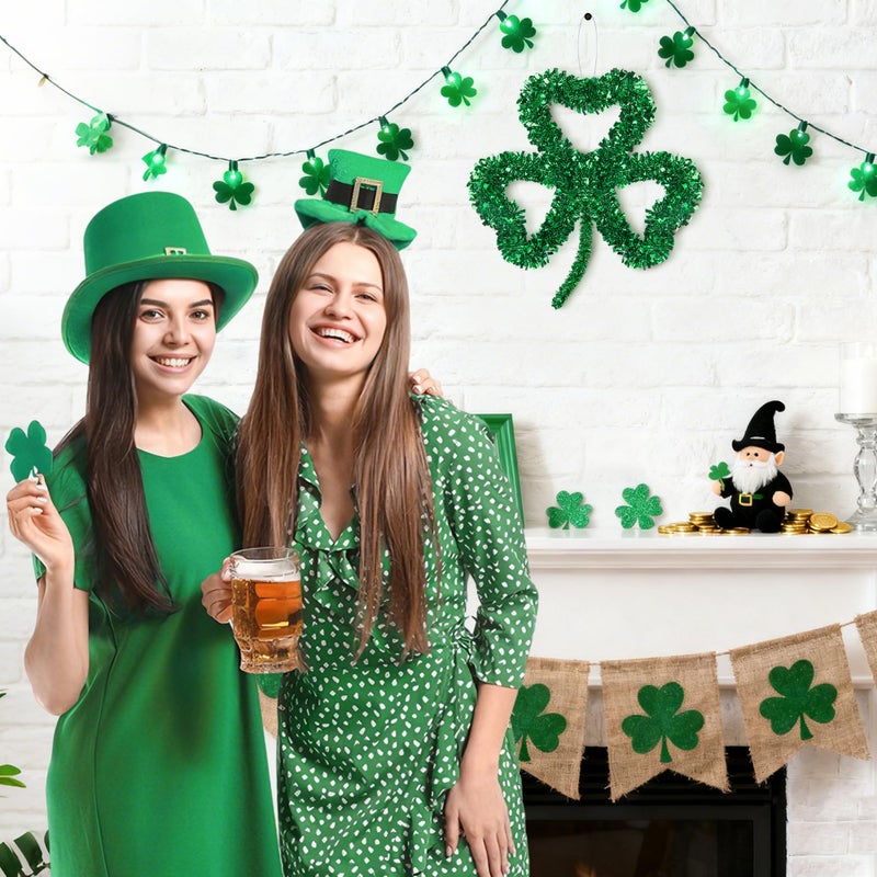 Iceyyyy 4 Pcs St. Patrick's Day Tinsel Wreath, 11 Inch Tinsel Shamrock and Hat Hanging Decoration, Green Tinsels Garland Set for Irish Saint Patrick's Party Home Wall Decoration - Image 5