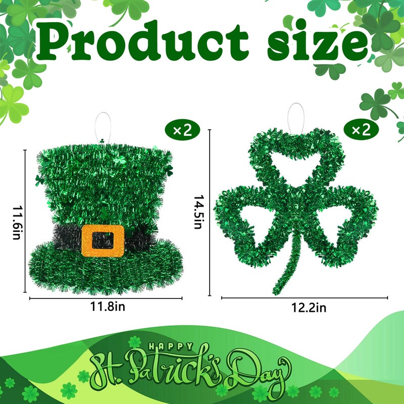Iceyyyy 4 Pcs St. Patrick's Day Tinsel Wreath, 11 Inch Tinsel Shamrock and Hat Hanging Decoration, Green Tinsels Garland Set for Irish Saint Patrick's Party Home Wall Decoration - Image 2