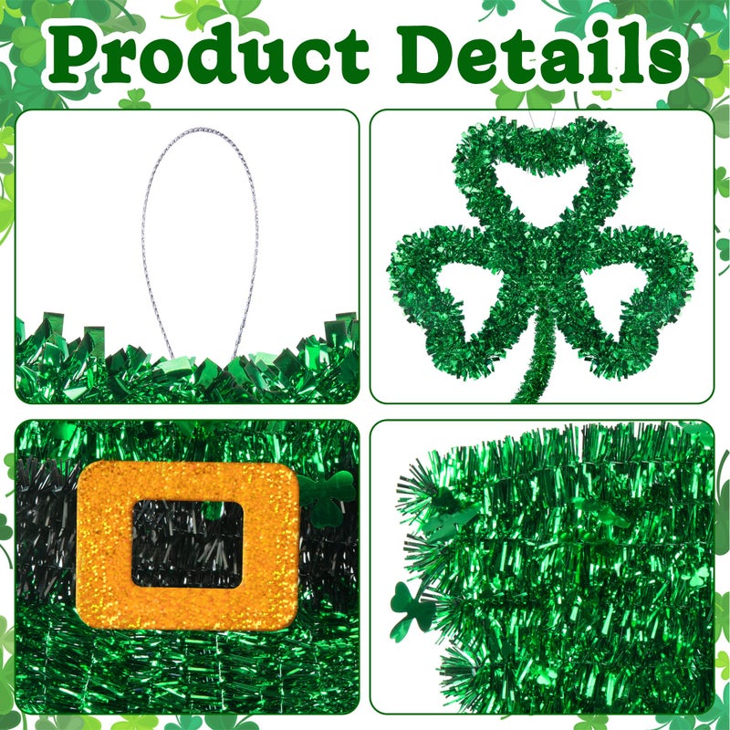 Iceyyyy 4 Pcs St. Patrick's Day Tinsel Wreath, 11 Inch Tinsel Shamrock and Hat Hanging Decoration, Green Tinsels Garland Set for Irish Saint Patrick's Party Home Wall Decoration - Image 3